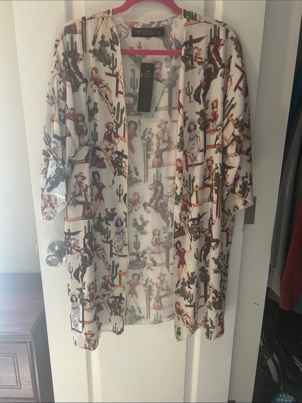 Lucky and Blessed White Western Pinup Print Open Kimono